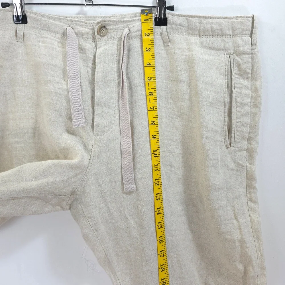 Perry Ellis Linen Pants Men 38 Drawstring Waist Beige Coastal Resortwear
